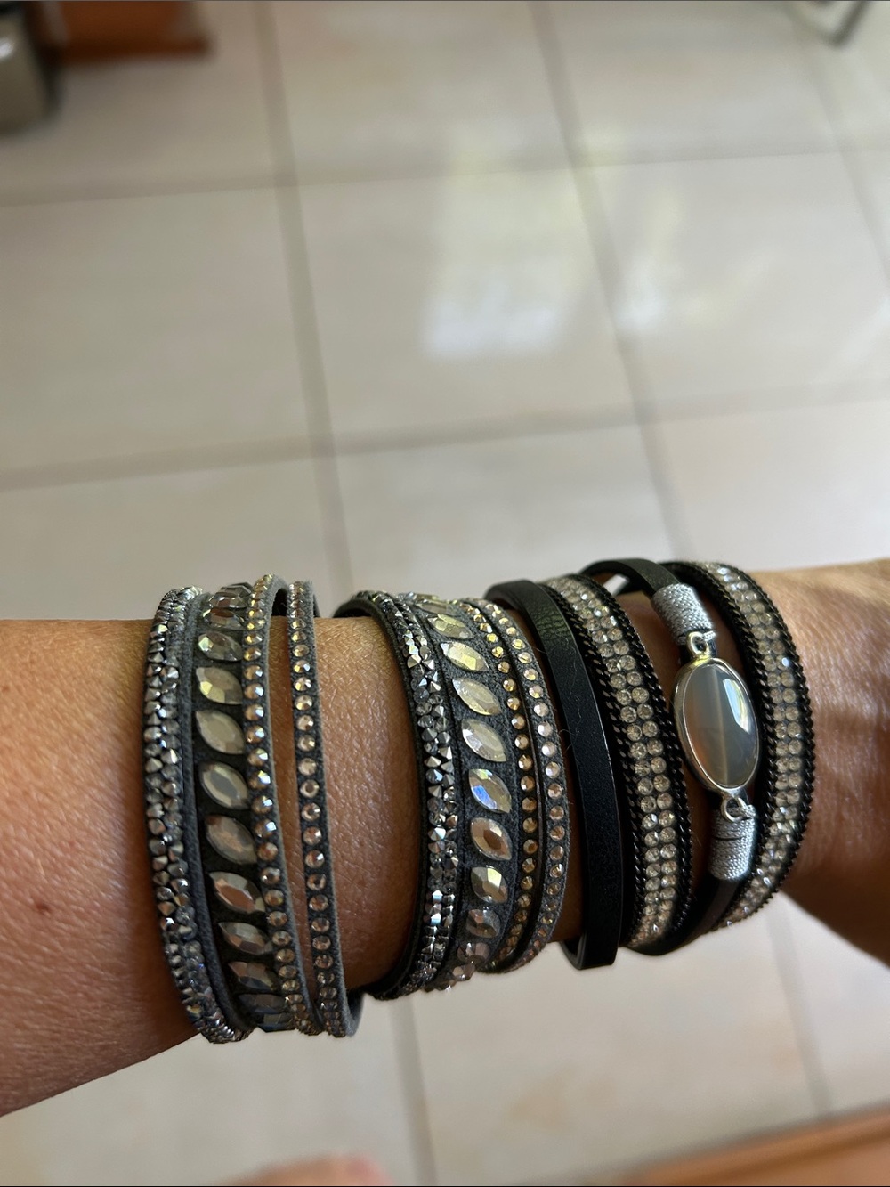 Women's Multi-Row Black and Silver Wrap Bracelet